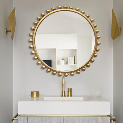30 inch Gold Round Mirror, Antique Decorative Wall Mirror with Ornate Beaded Frame, Large Circle Vanity Mirror for Bathroom, Living Room, Bedroom, and Entryway