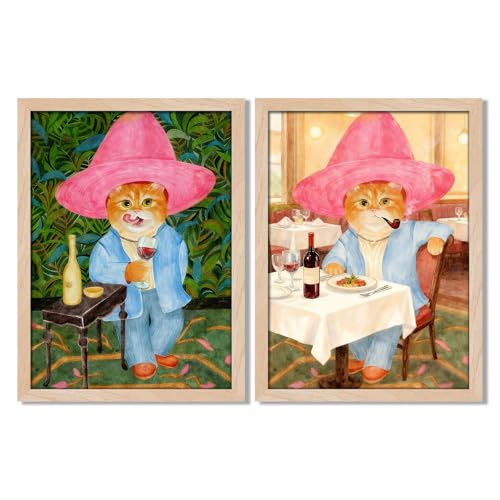 Leaf&Lre Framed Funny Cat Wall Art Canvas Print, Whimsical Cat Painting with Wine Theme, Solid Wood Frame with Acrylic Cover, Vintage Animal Wall Art for Living Room Dining Room Office12x16IN - color: van gogh Cat, size: 12x16Inch