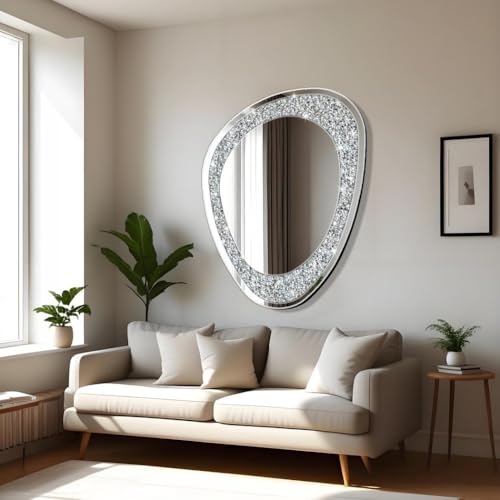 DMDFIRST Modern Irregular Shaped Wall Mirror – 32x23.5 Inch Decorative Oval Diamond Decor Mirror for Living Room, Bedroom, Bathroom, Entryway - size: 32"L x 23.5"W