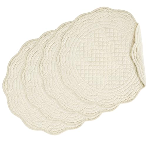 HOMBYS Quilted Placemats Set of 4 Washable Round Placemats for Kitchen Table-100% Cotton Fabric Round Table Mats, (Flax) - color: Flax