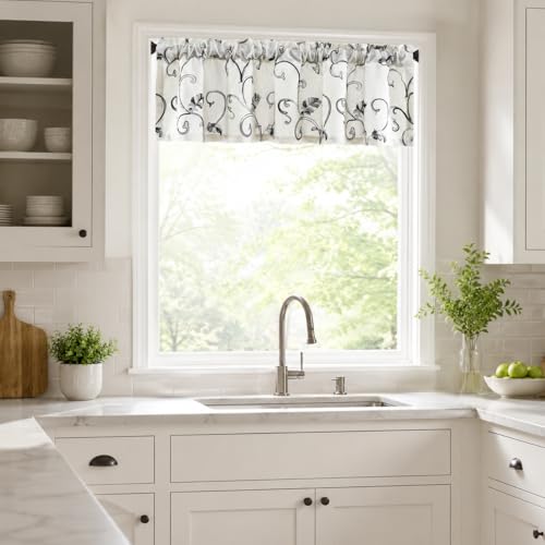 VOGOL Gray Vine Botanical Kitchen Valance, 52 x 14 Inches - color: Grey, size: 52"W x 14"L (Pack of 1)