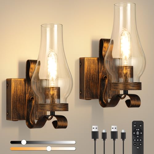 Battery Operated Wall Sconces, Rustic Wall Lights Set of 2, Non-Hardwired Antique Kerosene Wall Lamps, Vintage Bedside Distressed Gold Wall Sconces with Remote for Living Room Bedroom Hallway - color: Retro Gold