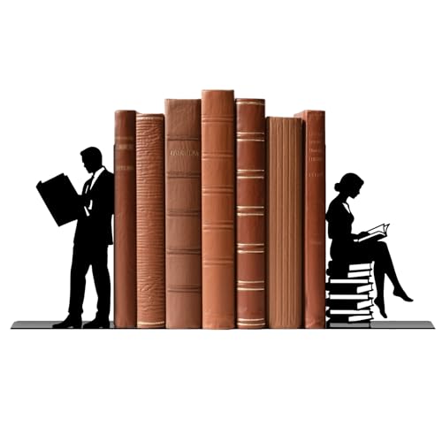 Metal Bookends Lovers Reading Book Ends for Shelves - color: Black - 1 Pair Couple Reading Book