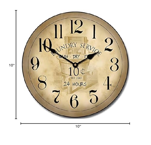 Laundry Room Wall Clock Vintage Wooden Round Clock Wall Decor 10 Inch Battery Operated Decorative Wall Clock Silent Round Wood Wall Clock Hanging Clocks for Bedroom Decor Living Room Clocks - color: A11-10, size: 10x10in