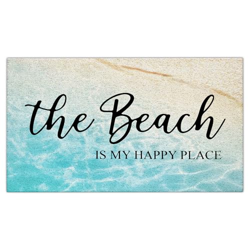 Jvpke Coastal Beach Door Mat, The Beach is My Happy Place Door Mat Indoor Outdoor Entrance Porch, Ocean Coastal Bath Mats for Bathroom, Beachy Welcome Mats, 17x30 Inches - color: The Beach