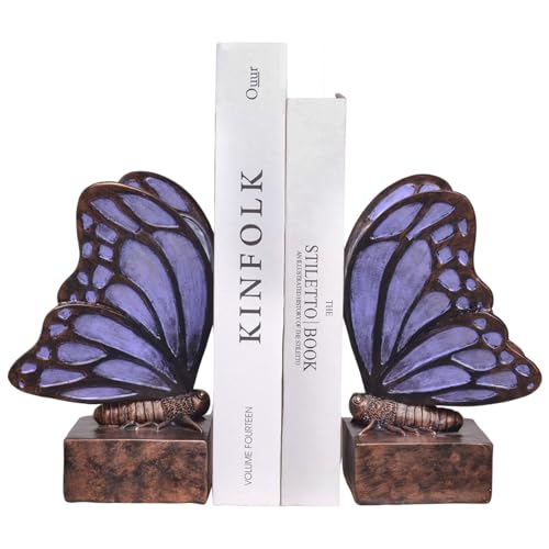 Vintage Purple Butterfly Bookends,Resin Book Ends for Shelves,Heavy Duty Decorative Bookends,Creative Book Stopper Holder Decor for Desk Home Office,Shelf Decoration,Gifts for Mother's Day - color: Purple