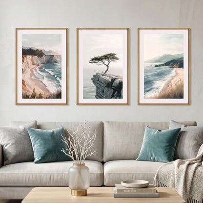 Celestdeco Amalfi Coastal Seascape Framed Canvas Wall Art Set-16"x24"x3 - color: Coastal Beach Wall Art, size: 16"L x 24"W