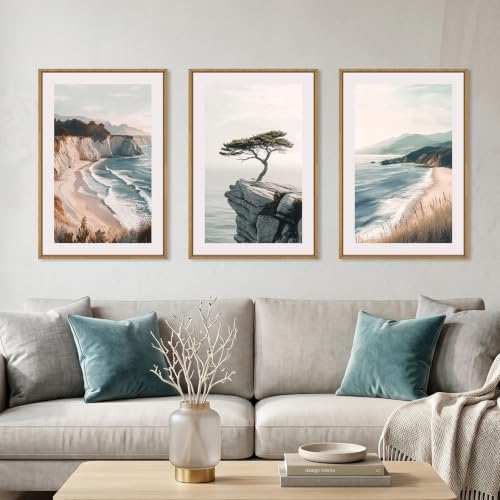 Celestdeco Amalfi Coastal Seascape Framed Canvas Wall Art Set-24"x36"x3 - color: Coastal Beach Wall Art, size: 24"L x 36"W