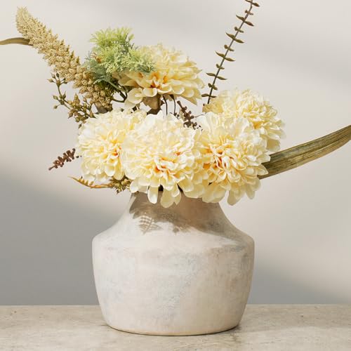 5.3 Inch Small Matte White Vintage Ceramic Flower Vase, Short Distressed Washed Terracotta Farmhouse Vase, Table Centerpiece for Living Room Entryway Kitchen Bathroom, Fits Dried Pampas Grass(Rustic) - color: 105-rustic