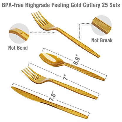 200 pieces of white and gold birthday party supplies, disposable happy birthday tableware set, gold plastic knives, forks, spoons, straws. Birthday themed tray, cup,25Guests（white） - color: White