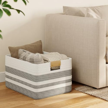 Nunsino 75L Blanket Basket with Leather Handles,Laundry Basket,Gray White - color: Grey White, size: 75L