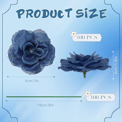 Yunlly 100 Pcs Blue Fake Silk Rose Flowers with Stems for Wedding - color: Navy Blue