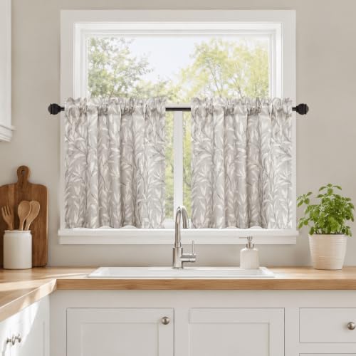 VOGOL Tier Curtains 24 Inch Length Grey Small Window Curtains for Bathroom Laundry Room Basement Rod Pocket Lovely Leaf Print Window Drapes, 30 x 24, 2 Panels - color: Grey, size: 30"W x 24"L (Pack of 2)