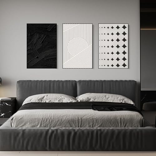 QKF 3Pcs Black White Abstract Geometric Textured Framed Canvas Wall Art Set - color: Simple Black and White, size: 20" X 28" X 3 pieces