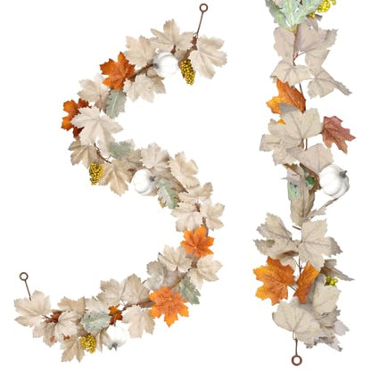 2 Pack Fall Garland with Pumpkins and Berries – 6ft Artificial Maple Leaf Garlands with Cream and Orange Leaves for Thanksgiving, Fireplace, Front Door, Farmhouse Autumn Decorations