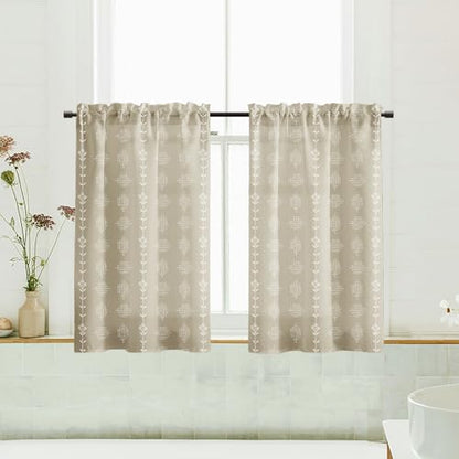 Lino Rosa Boho Kitchen Curtains Geometric Linen Small Tan Beige Tier Cafe Curtains for Bathroom RV 24 Inch Length - color: Tan Beige, size: 24"W x 24"L (Pack of 2)