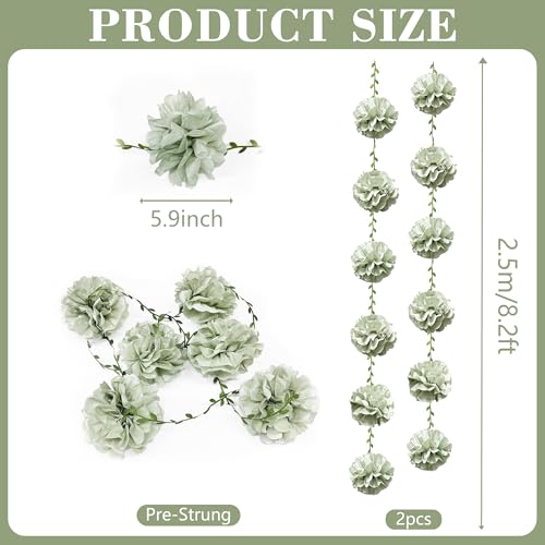 Sage Green Tissue Paper Flowers Pom Pom with Leaf Ribbon Dusty Green Hanging Garland Streamer for Birthday Wedding Shower Engagement Woodland Safari Jungle Neutral Party Decorations Supplies - color: Dusty Green