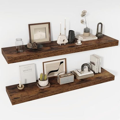 Acovy 48 Inch Floating Shelves, 12" Deep Floating Shelf Wall Mounted, 48" Wall Shelves, Rustic Deep Bookshelf, Extra Deeper & Thicker Display Shelves for Bedroom, Living Room, Brown, Set of 2 - color: Brown, size: 12"Wx48"L-2pcs