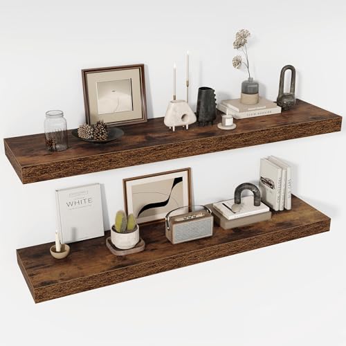 Acovy 48 Inch Floating Shelves, 12" Deep Floating Shelf Wall Mounted, 48" Wall Shelves, Rustic Deep Bookshelf, Extra Deeper & Thicker Display Shelves for Bedroom, Living Room, Brown, Set of 2 - color: Brown, size: 12"Wx48"L-2pcs
