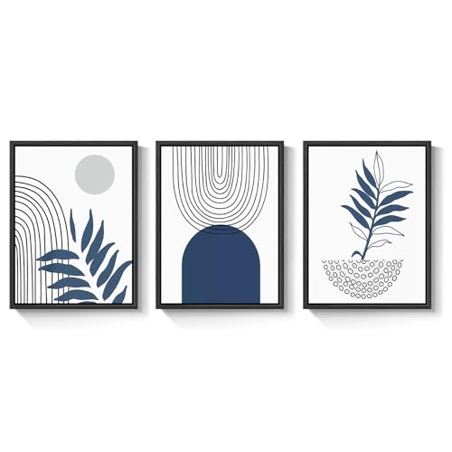Framed Blue Mid Century Boho Botanical Canvas Wall Art Bedroom, 12x16 Inch | Navy bohemian botanical, 3 piece, Canvas print, Mid century modern, Geometric artwork, Leaf pictures, Living room wall art - color: Black and Blue