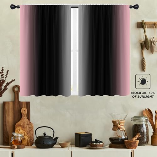 Black Pink Kitchen Curtains, Ombre, 27.5" W x 39" L, Rod Pocket - color: Pink, size: 27.5"W x 39"L (Pack of 2)