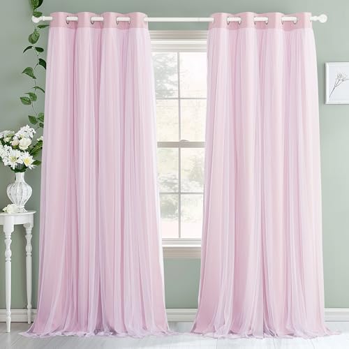 Light Pink Blackout Curtains with White Sheer Overlay for Girls Bedroom - color: Light Pink, size: 52"W x 84"L (Pack of 2)