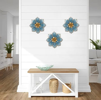 Villa Como Set of 3 Blue and Gold Metal Flowers Wall Art Decor 10" - color: # 3 Blue and Gold