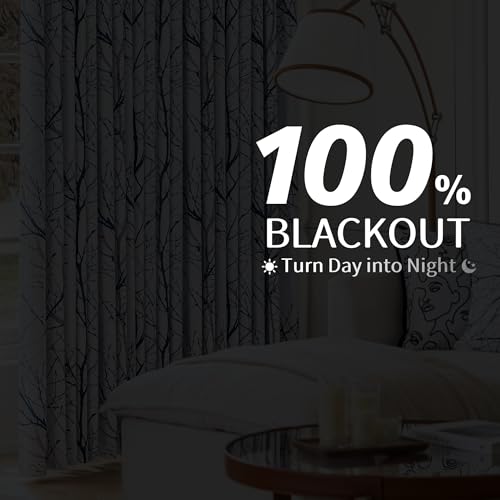 FMFUNCTEX 100% Blackout Blue Grey Tree Branch Curtains 63 Inch 2 Panels - color: Grommet | Blue, size: 52"W x 63"L (Pack of 2)