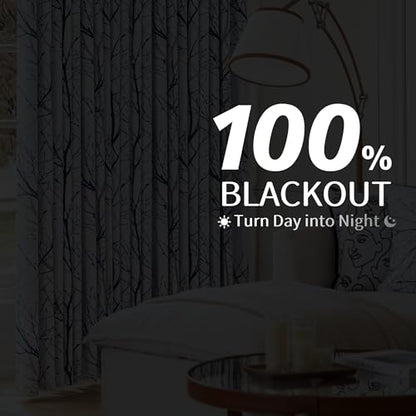 FMFUNCTEX 100% Blackout Blue Grey Tree Branch Curtains 63 Inch 2 Panels - color: Grommet | Blue, size: 52"W x 63"L (Pack of 2)