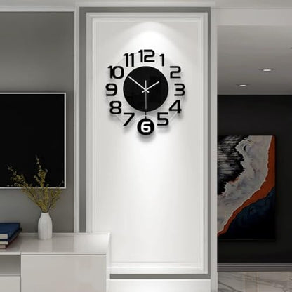 3D Numbers Modern Wall Clock with Pendulum, Silent Non-Ticking Battery Operated Decorative Wall Clock for Living Room Bedroom Kitchen Office