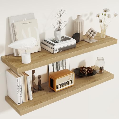 40 Inch Floating Shelves Set of 2, 8 Inch Deep Wall Shelf, Rustic Wood Storage Shelves for Bedroom, Kitchen, Bathroom, Wall-Mounted Shelf with Invisible Brackets for Books|Storage|Decor, Oak - color: Oak, size: 40"W x 8"D