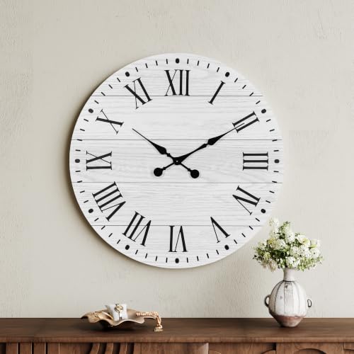 Large Wall Clock with Roman Numeral, 24” Shiplap Farmhouse Clock - color: White, size: 24 Inch
