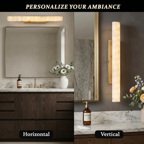 Artisan Alabaster Wall Sconces Set of 2, 36in Long Brass Linear Sconce, Faux Alabaster Bathroom Vanity Lights, 3000K Dimmable Gold Modern Wall Light for Bedroom, Living Room, Hallway, Stairs - color: Gold-36in-2Pcs