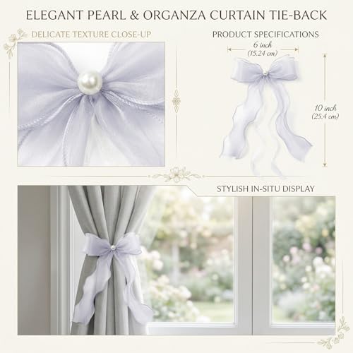 White Lace Bow Curtain Tiebacks 6-Pack, Vine Floral Curtain Holdbacks - color: Misty Gray