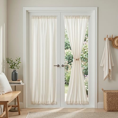 MYSKY HOME Natural French Door Curtains for Door Window 72 Inch Length Semi Sheer Light Filtering Curtain for Bedroom Window Glass Rod Pocket for Kitchen Dining Room, Beige White, 26" Wide,2 Panels - color: Beige White, size: 26"W x 72"L (Pack of 2)