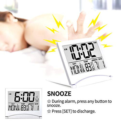 Betus Digital Travel Alarm Clock - Foldable Calendar Temperature Timer LCD Clock with Snooze Mode - Large Number Display, Battery Operated - Compact Desk Clock(Silver, No Backlight) - color: Silver Pack of 1
