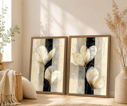 Framed Modern Neutral Black White Abstract Floral Canvas Wall Art Set of 2 - color: Beige, Black, Gold, Cream, White, size: 12"L x 16"W