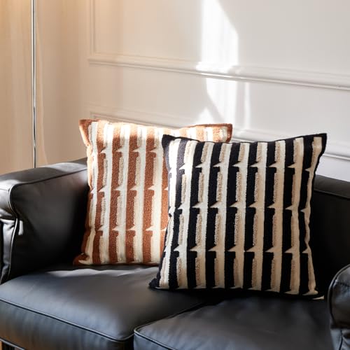 Black Cream Modern Strip Tufted Throw Pillow Covers，Neutral Textured Minimalism Chunky Pillowcases,Bohemian Mid Century Geometric Sham for Couch,1PC,18x18 Inch