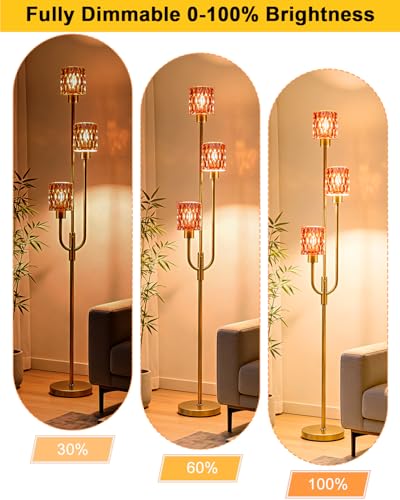66IN Glass Floor Lamp 3-Light Modern Red Glass Gold Dimmable Floor Lamps - color: Deep Red Cylinder-Gold