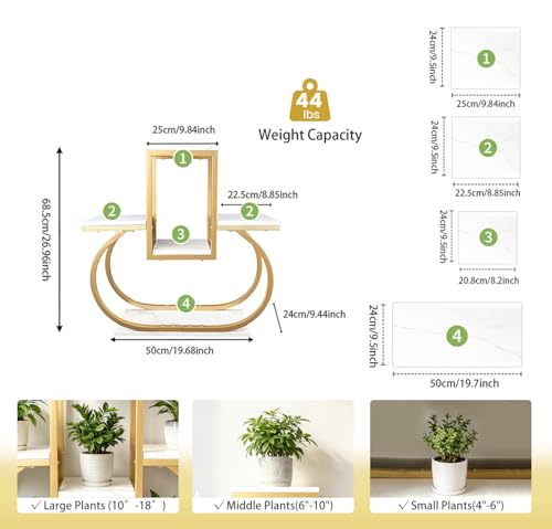 Corner Plant Stand Gold Indoor, Multi‑Tier Plant Shelf, Modern Flower Pot Holder with Marble‑Patterned Shelves for Living Room Bedroom Balcony Home Decoration Halloween Gifts