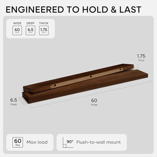 Homeforia 60 Inch Floating Shelves, High-End Solid Pine Wood, Set of 2 - color: American Walnut - Satin Dark Tone, size: 60 inch