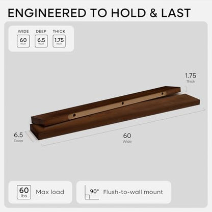 Homeforia 60 Inch Floating Shelves, High-End Solid Pine Wood, Set of 2 - color: American Walnut - Satin Dark Tone, size: 60 inch
