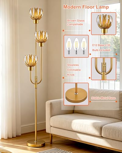 Modern Glass Floor Lamp 66IN 3-Light Amber Glass Gold Dimmable Floor Lamps - color: Amber Lotus-Gold