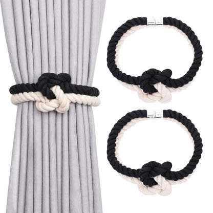 NICEEC Cotton Rope Magnetic Curtain Tiebacks, 2 Pack, Black & Beige - color: Black & Beige, size: 2 Pack
