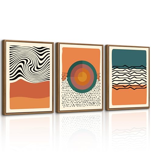 3 Pcs Orange Abstract Geometric Lines Framed Canvas Wall Art Prints 12"x16" | Vintage Minimalist Round Canvas Painting Memphis Colorful Block Wall Artwork Home Decor for Bedroom Living Room - color: Orange Abstract Geometric Lines, size: 12"x16"x3Pcs
