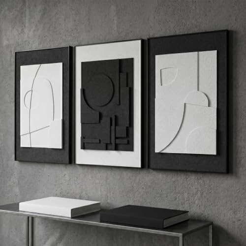 AMAATE 3Pcs 3D Sandstone Relief Art Black Frame Abstract Geometric Decor | 3D textured sandstone relief, black white tones, black metal frame, pre-assembled ready to hang for home & office - color: Black And White, size: 16" x 24" inch