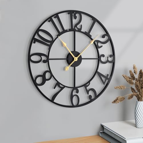 Wall Clock Battery Operated,Silent Non Ticking Modern Rustic Metal Small Clocks for Living Room/Bedroom/Office/Kitchen/Farmhouse Home Decor-16IN(Arabic Number-Black) - size: 16 inch