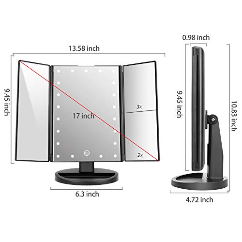 deweisn Tabletop Mount Trifold Lighted Vanity Mirror with 21 LED Lights, Touch Screen and 3X/2X/1X Magnification, Two Power Supply Mode Make up Mirror,Travel Mirror - color: Black