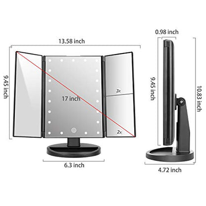 deweisn Tabletop Mount Trifold Lighted Vanity Mirror with 21 LED Lights, Touch Screen and 3X/2X/1X Magnification, Two Power Supply Mode Make up Mirror,Travel Mirror - color: Black