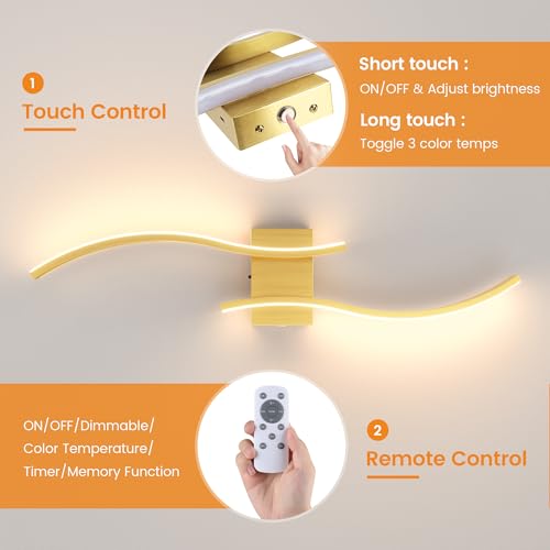 VOLISUN Battery Operated Wall Sconces Set of Two, 27.6 inch Wireless Wall Sconces, 3000K-6500K Dimmable Wall Lamps with Remote, Rechargeable Gold Wall Lights for Living Room, Hallway, Bedroom - color: Gold, size: 27.6 INCH